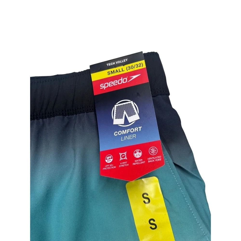 Speedo Tech Volley Mens Swim‎ Trunks Small 30-32 Teal Ombre Comfort Liner New